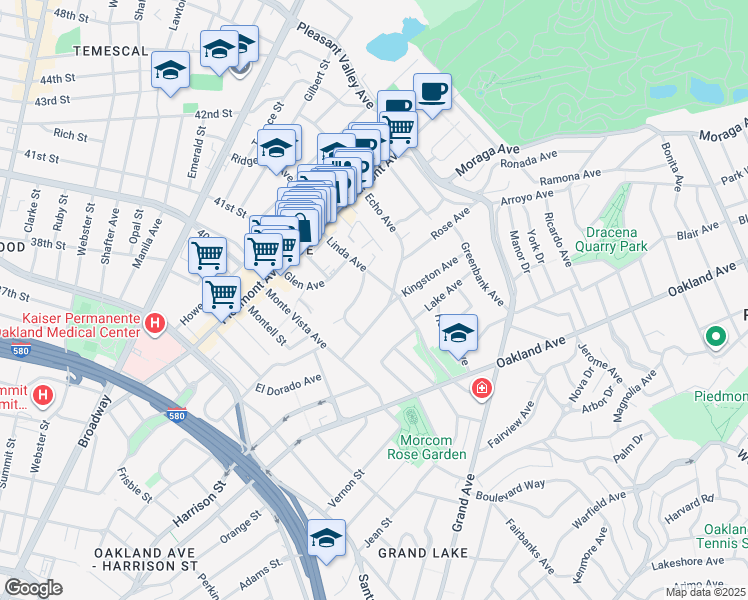 map of restaurants, bars, coffee shops, grocery stores, and more near 91 Linda Avenue in Oakland