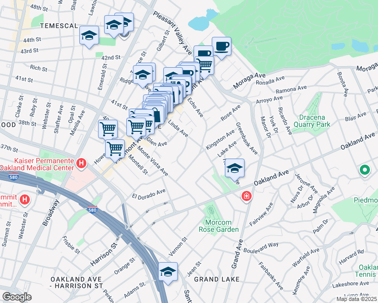 map of restaurants, bars, coffee shops, grocery stores, and more near 91 Linda Avenue in Oakland