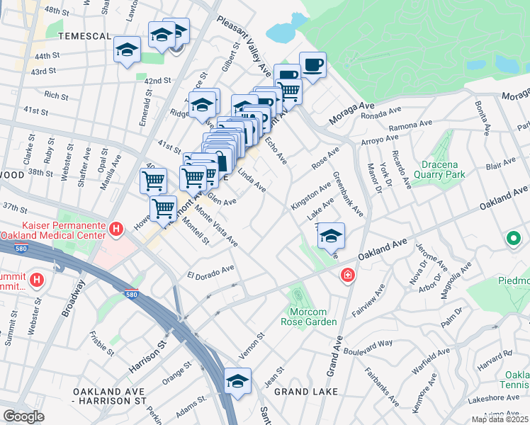map of restaurants, bars, coffee shops, grocery stores, and more near 91 Linda Avenue in Oakland