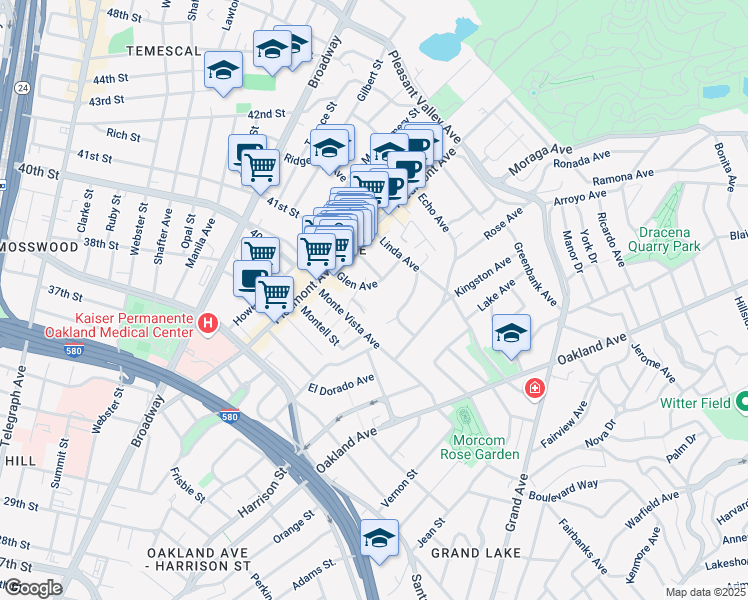 map of restaurants, bars, coffee shops, grocery stores, and more near in Oakland
