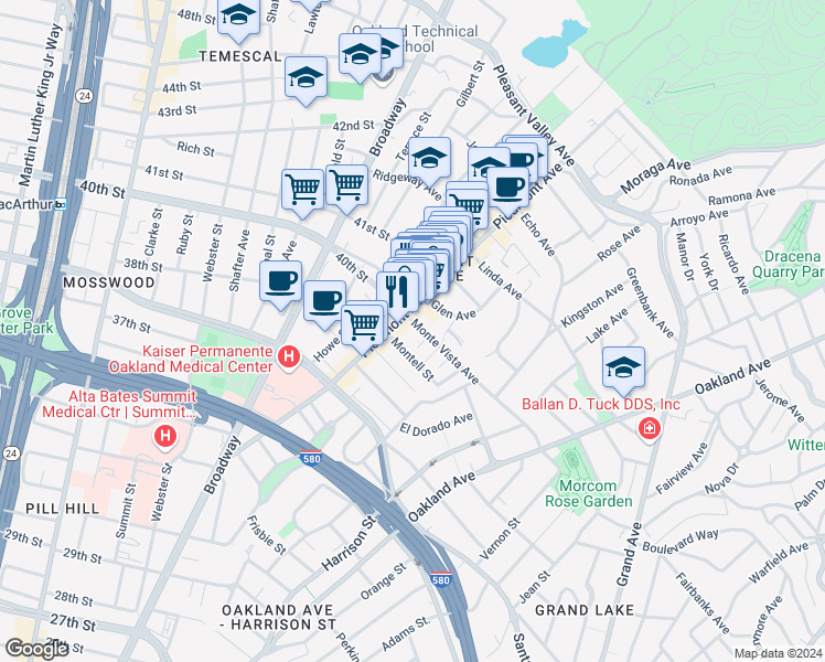 map of restaurants, bars, coffee shops, grocery stores, and more near 4037 Piedmont Avenue in Oakland