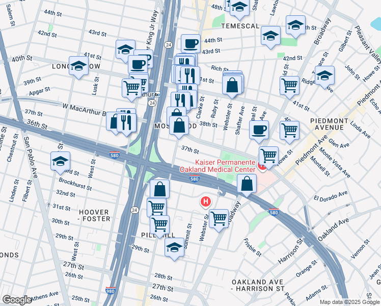 map of restaurants, bars, coffee shops, grocery stores, and more near 496 37th Street in Oakland