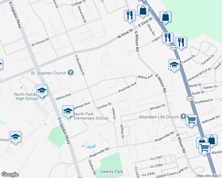 map of restaurants, bars, coffee shops, grocery stores, and more near 112 Kristen Court in Radcliff