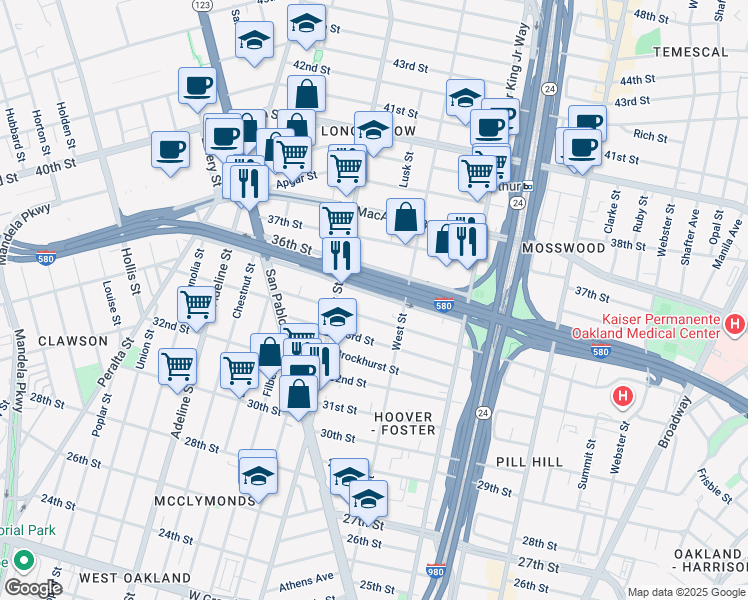 map of restaurants, bars, coffee shops, grocery stores, and more near 839 35th Street in Oakland