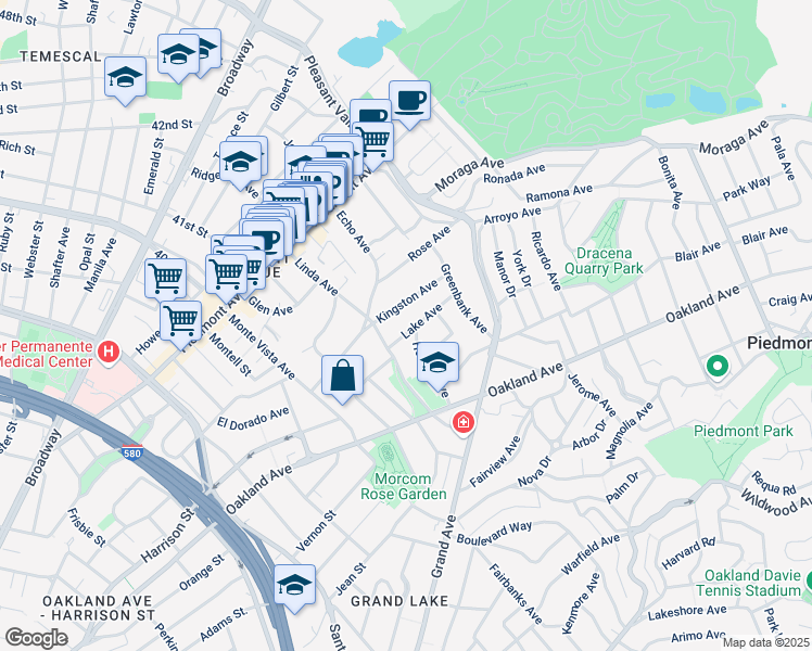 map of restaurants, bars, coffee shops, grocery stores, and more near 127 Lake Avenue in Piedmont