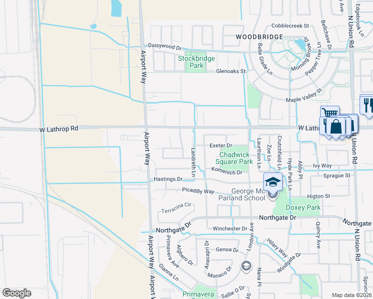 map of restaurants, bars, coffee shops, grocery stores, and more near 2035 Pasado Avenue in Manteca