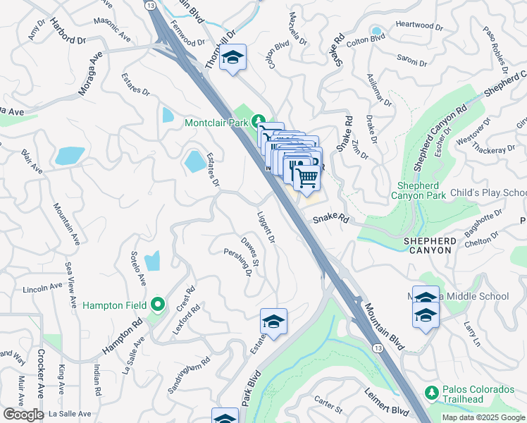 map of restaurants, bars, coffee shops, grocery stores, and more near 6514 Liggett Drive in Oakland