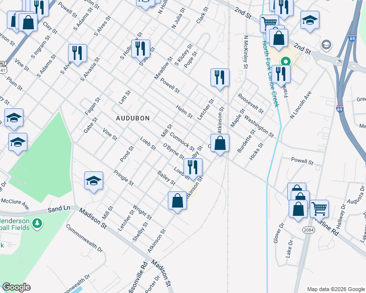 map of restaurants, bars, coffee shops, grocery stores, and more near 400-498 Letcher St in Henderson