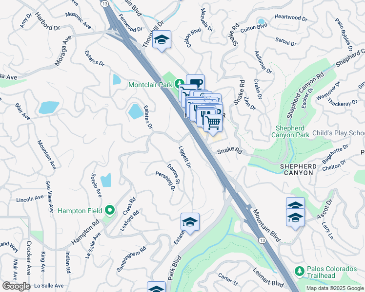 map of restaurants, bars, coffee shops, grocery stores, and more near 6514 Liggett Drive in Oakland