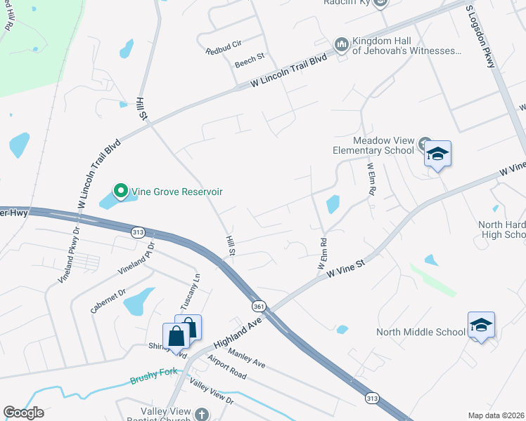 map of restaurants, bars, coffee shops, grocery stores, and more near 1715 West Crocus Drive in Radcliff