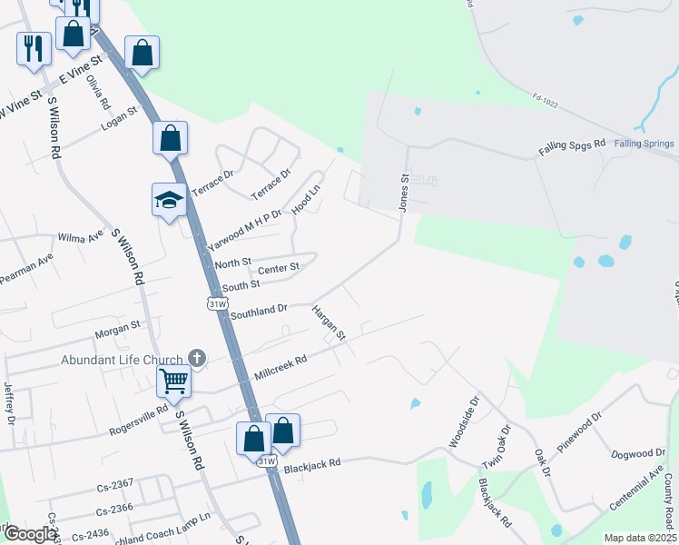 map of restaurants, bars, coffee shops, grocery stores, and more near 621 Southland Drive in Radcliff