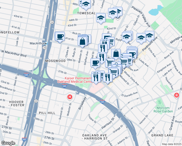 map of restaurants, bars, coffee shops, grocery stores, and more near 3776 Manila Avenue in Oakland