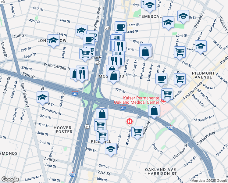 map of restaurants, bars, coffee shops, grocery stores, and more near 496 37th Street in Oakland