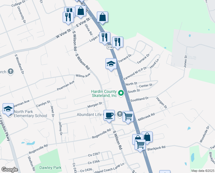map of restaurants, bars, coffee shops, grocery stores, and more near 1226 South Wilson Road in Radcliff