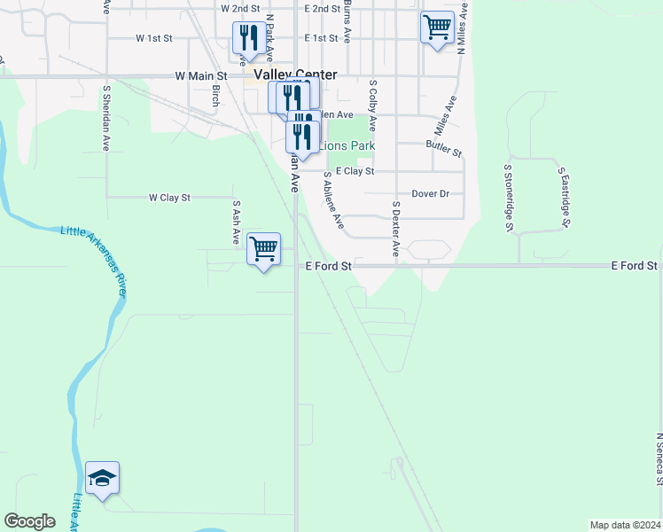 map of restaurants, bars, coffee shops, grocery stores, and more near 501-699 South Ramsey Drive in Valley Center