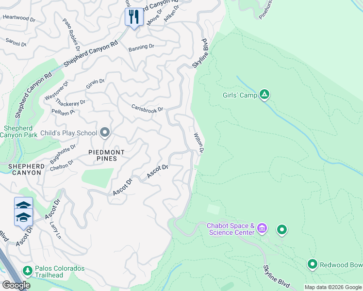 map of restaurants, bars, coffee shops, grocery stores, and more near 9175 Skyline Boulevard in Oakland