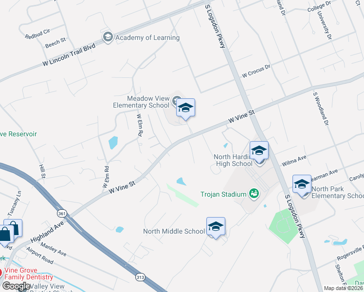 map of restaurants, bars, coffee shops, grocery stores, and more near 1381 West Vine Street in Radcliff