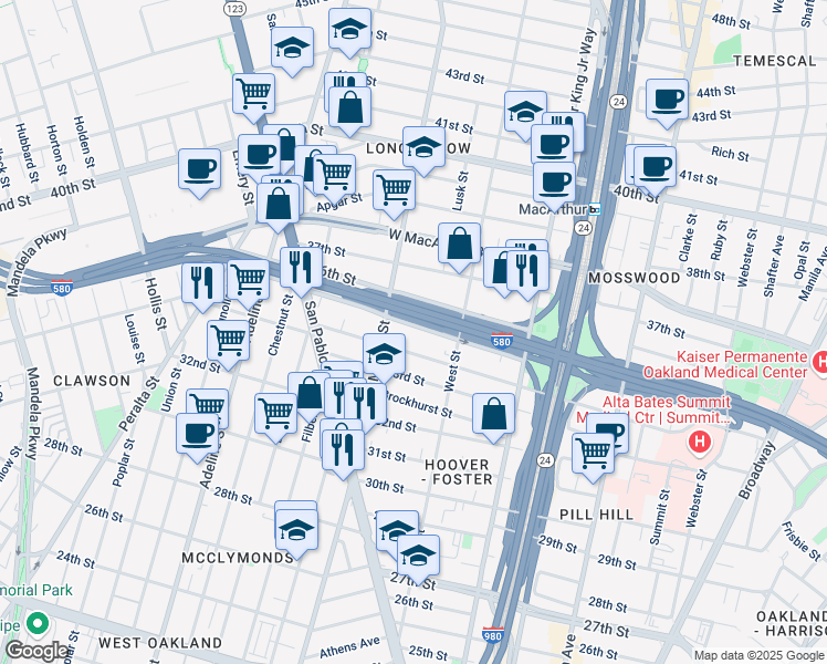 map of restaurants, bars, coffee shops, grocery stores, and more near 855 35th Street in Oakland