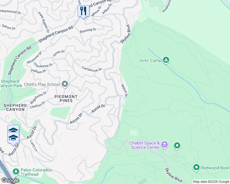 map of restaurants, bars, coffee shops, grocery stores, and more near 9175 Skyline Boulevard in Oakland