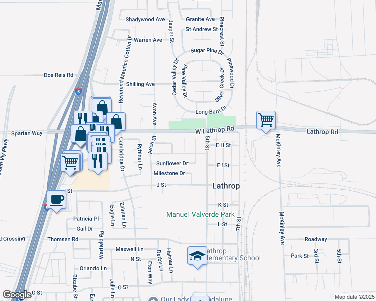 map of restaurants, bars, coffee shops, grocery stores, and more near 15150 Hollyhock Court in Lathrop