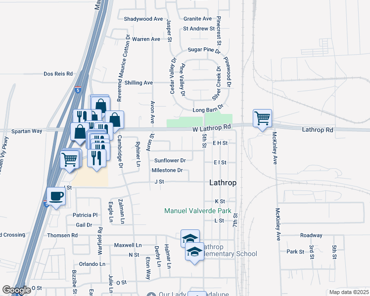map of restaurants, bars, coffee shops, grocery stores, and more near 15150 Hollyhock Court in Lathrop