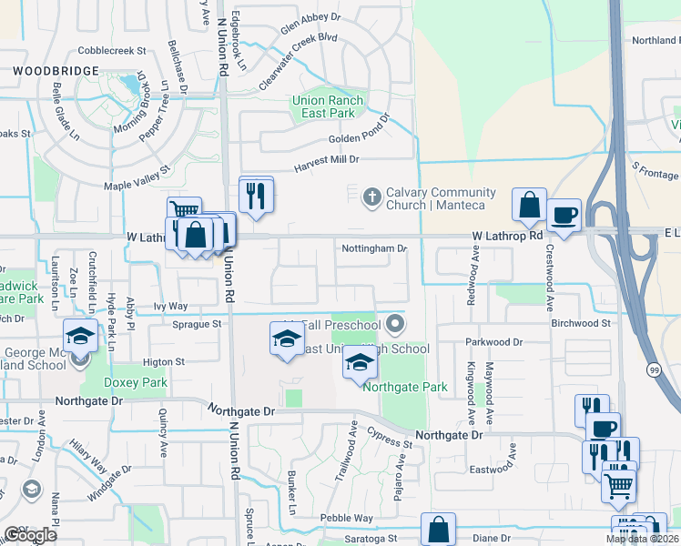 map of restaurants, bars, coffee shops, grocery stores, and more near 867 Buckingham Drive in Manteca