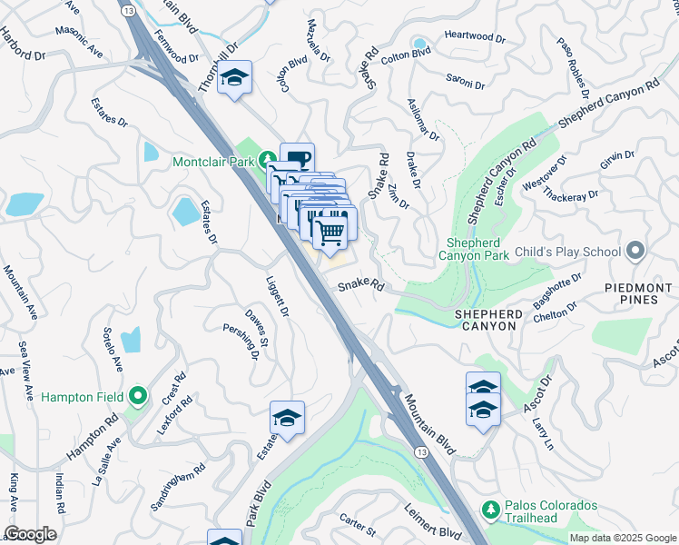 map of restaurants, bars, coffee shops, grocery stores, and more near 6267 Merced Avenue in Oakland