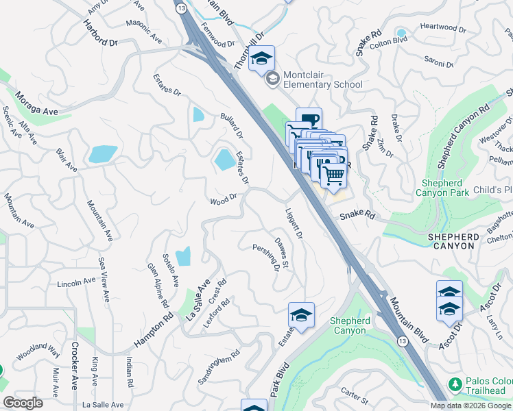 map of restaurants, bars, coffee shops, grocery stores, and more near 5814 La Salle Avenue in Oakland