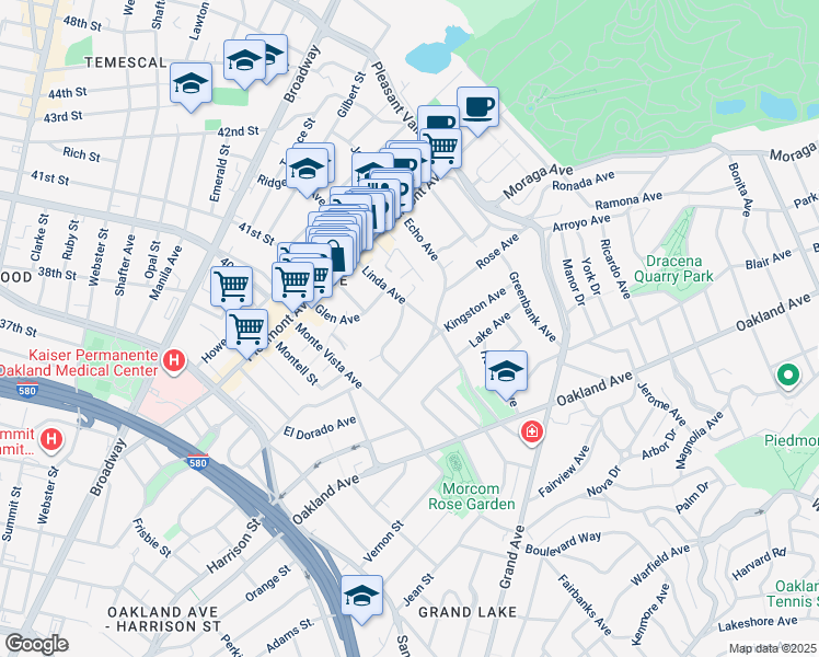 map of restaurants, bars, coffee shops, grocery stores, and more near 91 Linda Avenue in Oakland