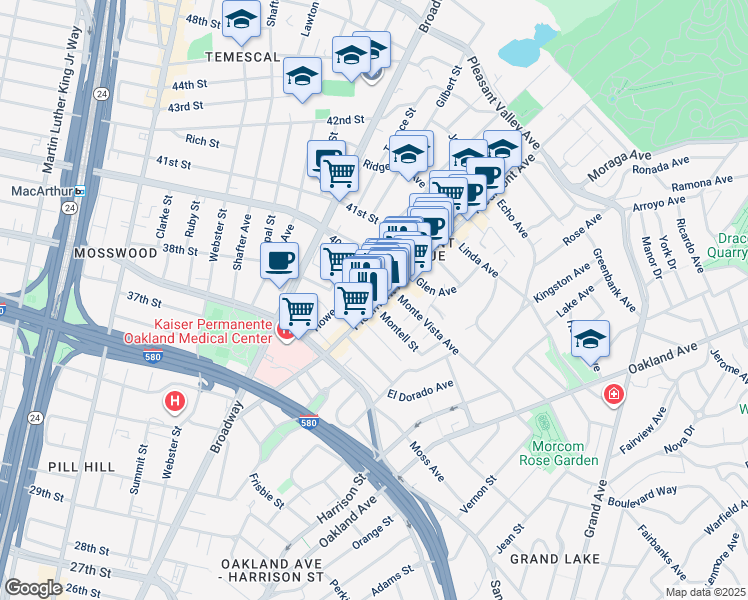 map of restaurants, bars, coffee shops, grocery stores, and more near 3868 Howe Street in Oakland