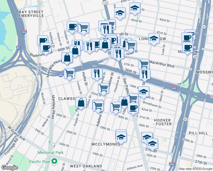 map of restaurants, bars, coffee shops, grocery stores, and more near 3336 Magnolia Street in Oakland