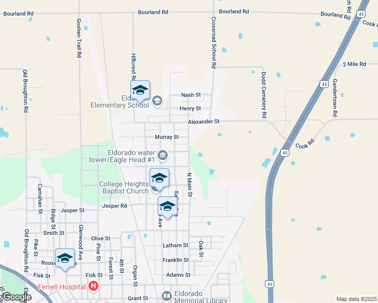 map of restaurants, bars, coffee shops, grocery stores, and more near 2601 North Main Street in Eldorado