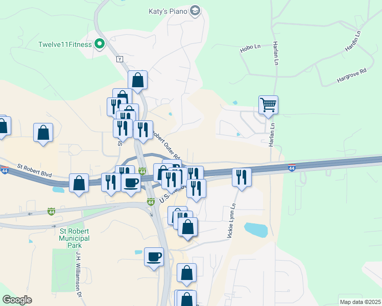 map of restaurants, bars, coffee shops, grocery stores, and more near 322 Saint Robert Outer Road in Saint Robert