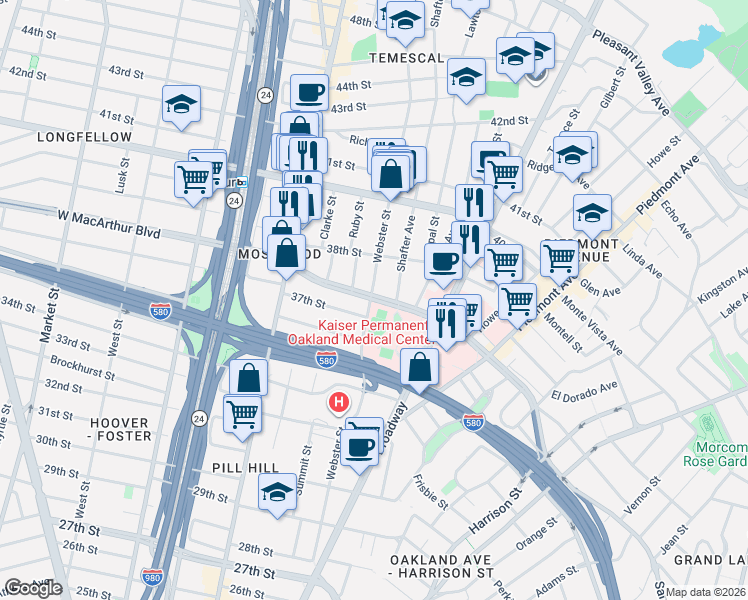 map of restaurants, bars, coffee shops, grocery stores, and more near 397 West MacArthur Boulevard in Oakland