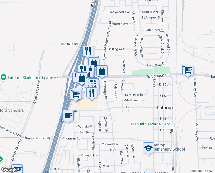 map of restaurants, bars, coffee shops, grocery stores, and more near 15100 Cambridge Drive in Lathrop
