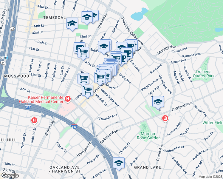 map of restaurants, bars, coffee shops, grocery stores, and more near in Oakland