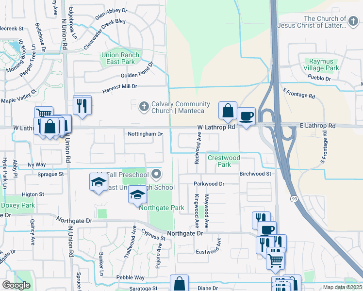 map of restaurants, bars, coffee shops, grocery stores, and more near 2016 Westboro Lane in Manteca