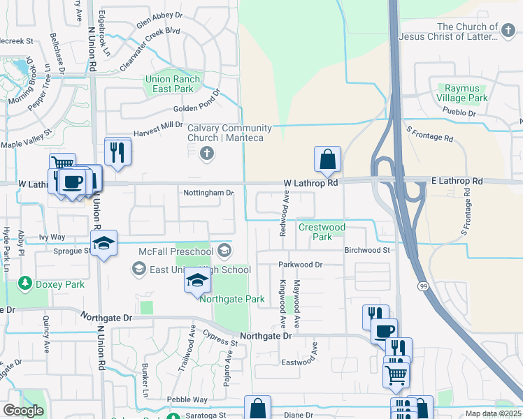 map of restaurants, bars, coffee shops, grocery stores, and more near 2016 Westboro Lane in Manteca