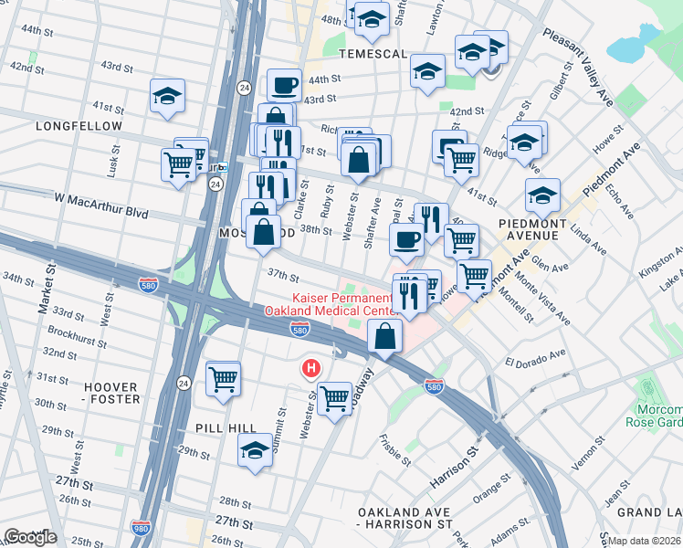 map of restaurants, bars, coffee shops, grocery stores, and more near W MacArthur Blvd & Webster St in Oakland