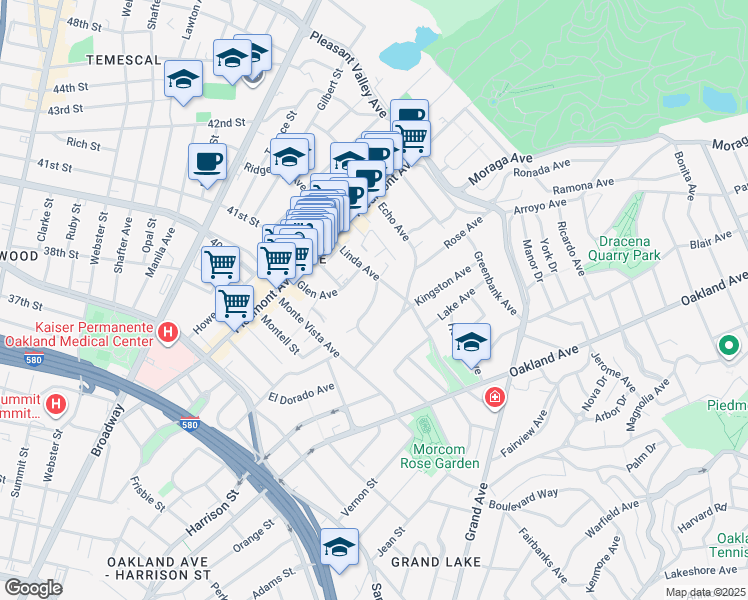 map of restaurants, bars, coffee shops, grocery stores, and more near 81 Glen Avenue in Oakland