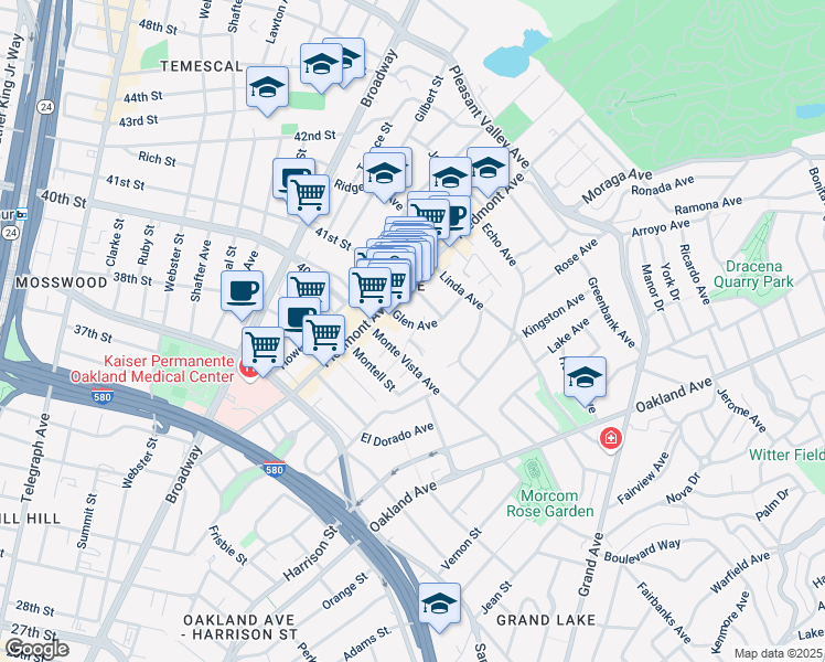 map of restaurants, bars, coffee shops, grocery stores, and more near in Oakland