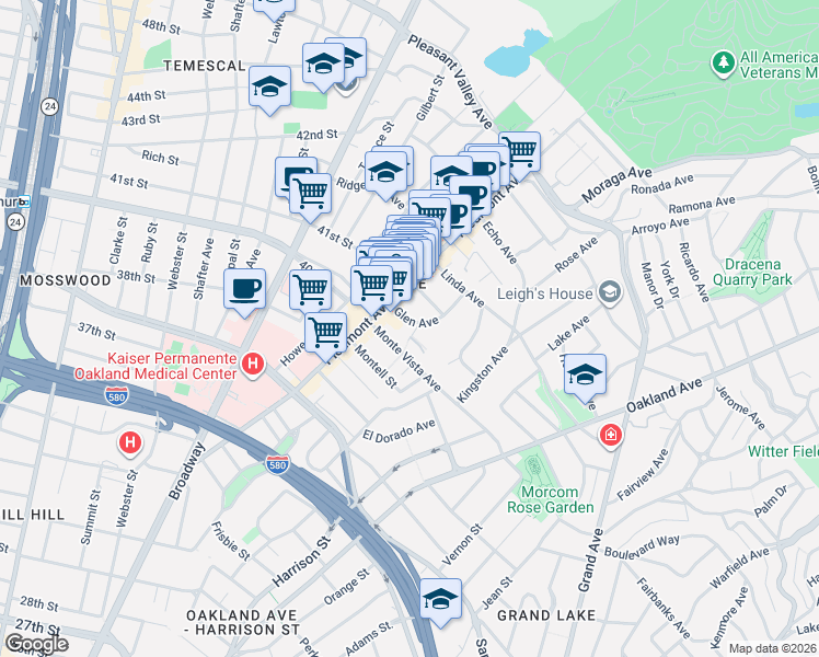 map of restaurants, bars, coffee shops, grocery stores, and more near in Oakland