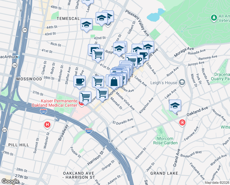 map of restaurants, bars, coffee shops, grocery stores, and more near in Oakland