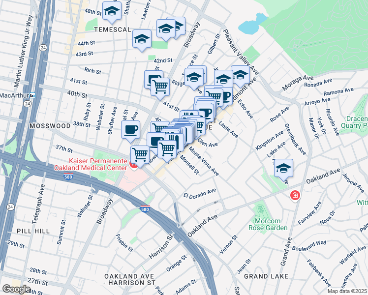 map of restaurants, bars, coffee shops, grocery stores, and more near 3868 Howe Street in Oakland
