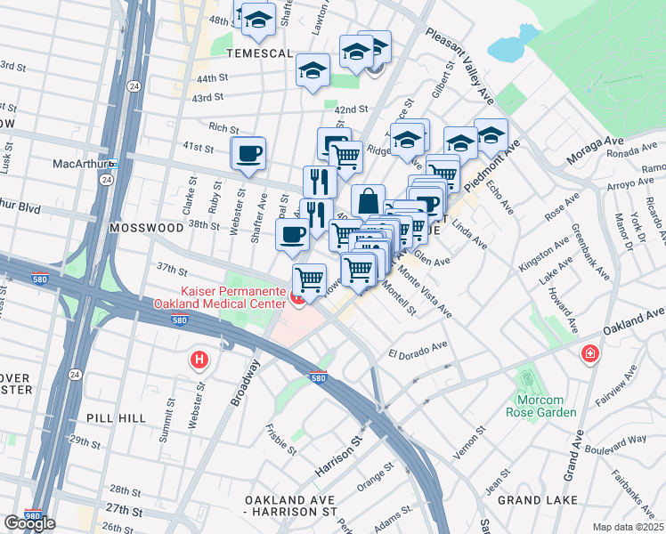 map of restaurants, bars, coffee shops, grocery stores, and more near 3801 Howe Street in Oakland