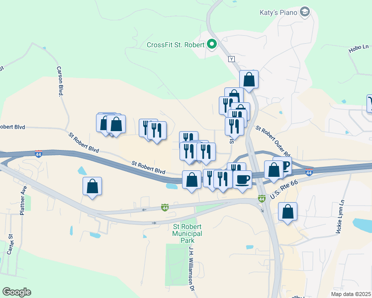 map of restaurants, bars, coffee shops, grocery stores, and more near 233 Saint Robert Plaza Drive in Saint Robert