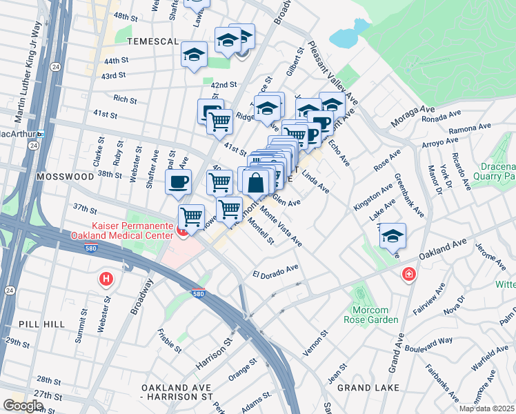 map of restaurants, bars, coffee shops, grocery stores, and more near in Oakland