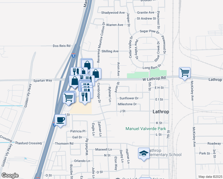 map of restaurants, bars, coffee shops, grocery stores, and more near 15102 Ryhiner Lane in Lathrop