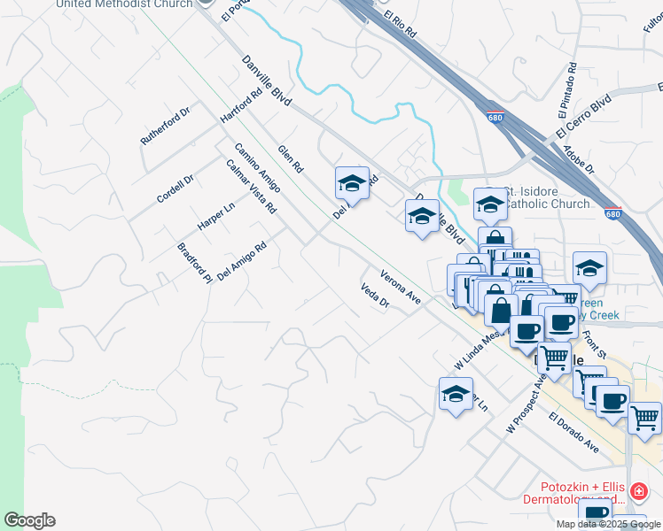 map of restaurants, bars, coffee shops, grocery stores, and more near 151 Camino Amigo Court in Danville