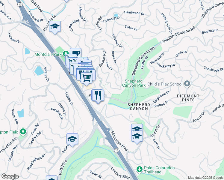 map of restaurants, bars, coffee shops, grocery stores, and more near 2153 Magellan Drive in Oakland